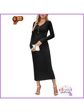 Wool Blend Maternity Sweater Dress Button Front V-Neck Bodycon Long Sleeve